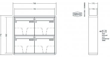 RENZ Briefkastenanlage Aufputz RS2000 Kastenformat 370x330x145mm, 4-teilig, Renz Nummer 10-0-35921